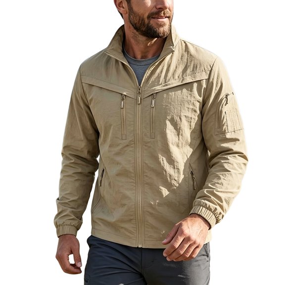 LYSMORA 2026 Men's Stand Collar Multi Zipper Pocket Jacket, Elastic Cuff Long Sleeve Loose Fit Outdoor Hiking Travel Casual Work Wind Resistant Outerwear