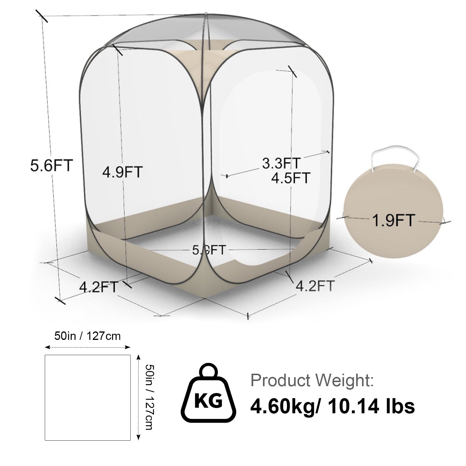KFFKFF Pop-Up Sports Tent, 50x50 in Clear Outdoor Shelter for One Person, Waterproof Pod with Floor Mat & Top Cover, Garden Dome Tent for Camping, Events, Fishing, and Outdoor Activities