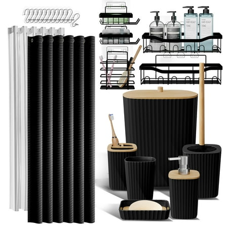 Hearth & Harbor 24 Piece Bamboo Bathroom Sets Black Bathroom Accessories Set and Shower Caddy Set