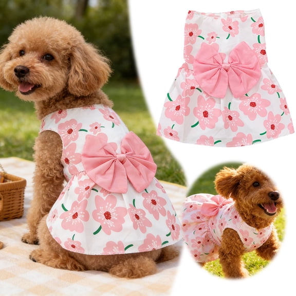 Cute Pink Floral Dog Dress with Large Bow Knot Sleeveless Ruffle Pet Skirt Breathable Summer Dog Apparel for Small Dogs Puppy Spring Walks Casual Outings and Pet Owners(L)