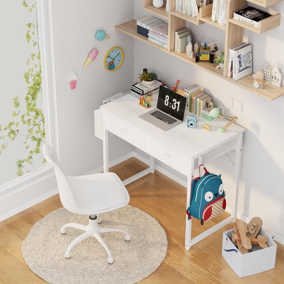 Small White Kids Desk with Drawers for Bedroom, 32 Inch Home Office Desks with Fabric Storage Drawer and Bag, Study Writing Vanity Table for Small Spaces, White