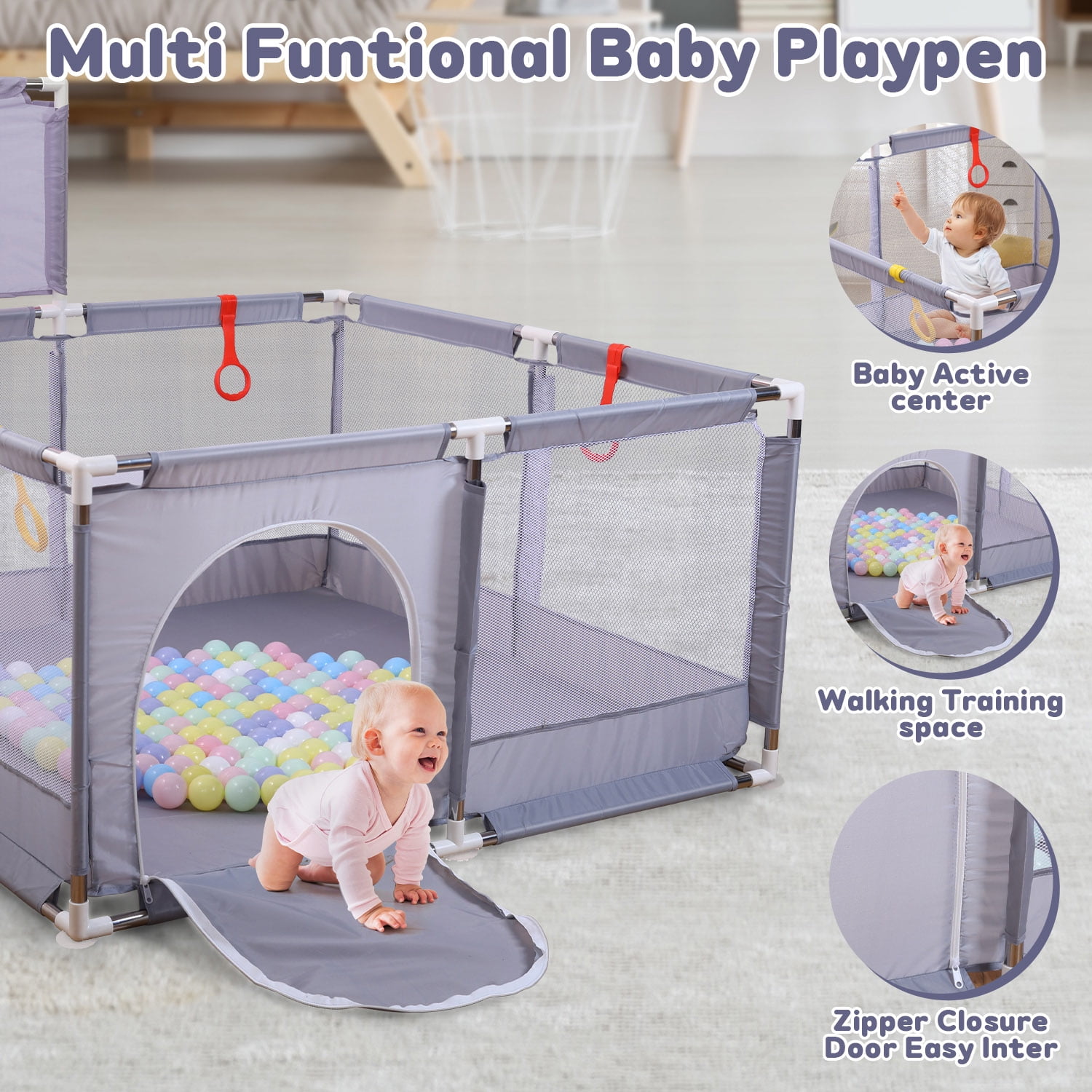JoyStone 50 x 50 Baby Playpen with 30 Ocean Balls, Soft Mesh Sides, Basketball Hoop & Pull Rings, Indoor Baby Fence for Toddlers, Grey
