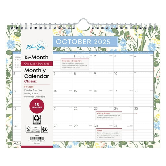 Blue Sky Monthly Wall Calendar Small 11" x 8.75" Blue Flroal 15-Month (Oct 2025 – Dec 2026)