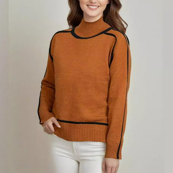 WXLWZYWL Sweaters for Women Trendy Womens Long Sleeve Turtleneck Pullover Sweaters Casual Loose Color Block Cozy Knit Tops