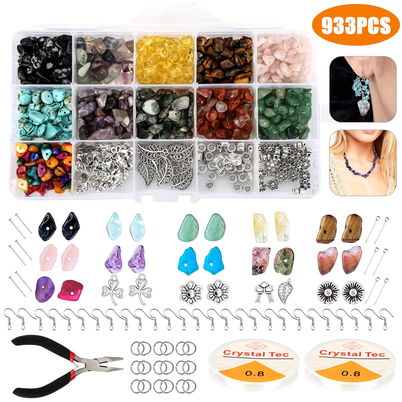 Findings Glass Beads for Jewelry Making Kit Spacer Beads for DIY Earrings Necklaces Rings HeadPins Elastic String Earring Hook 8MM Colorful Bracelets Beads Set- with Jump Rings 