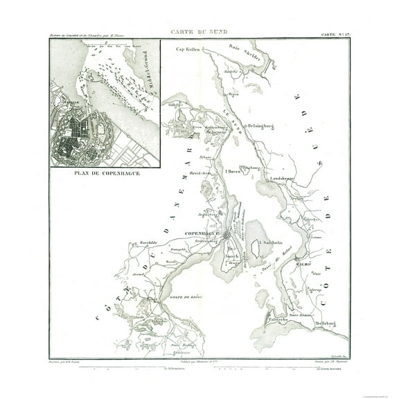 Historic Map - Copenhagen Denmark - Thiers 1866 - 23 x 24.04 - Vintage Wall Art