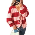 thumbnail image 2 of Chaqueta de Punto Holgada Informal con Cuello en V y Larga para Mujer, Cárdigan de Punto con Cordones y Rayas en Contraste. Rojo S, 2 of 9