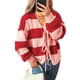 thumbnail image 2 of Chaqueta de Punto Holgada Informal con Cuello en V y Larga para Mujer, Cárdigan de Punto con Cordones y Rayas en Contraste. Rojo M, 2 of 9