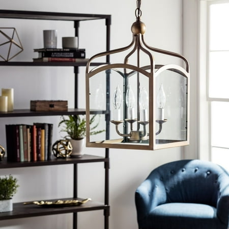 Iron Finish Entry - GHP Bronze Finish Iron Glass 4-Light Foyer Pendant Fixture Entryway Hanging Lantern