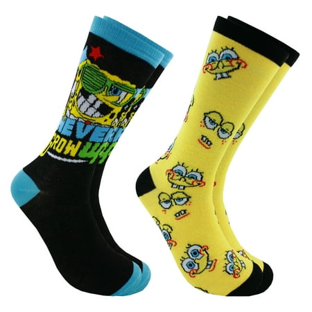 Spongebob Squarepants Never Grow Up Men's Crew Socks 2 Pair Pack Shoe Size