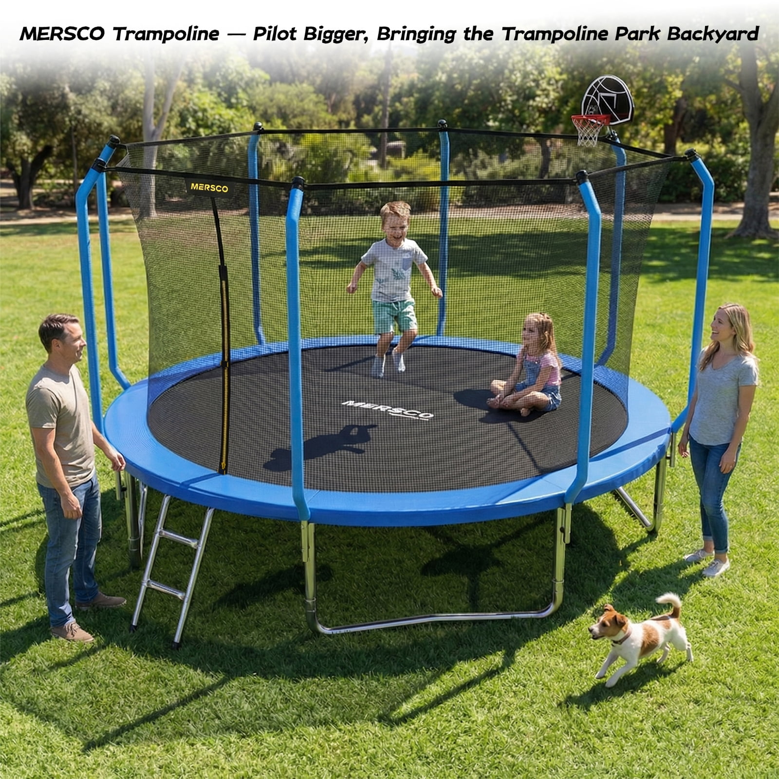 Mersco 12ft Trampoline for Kids and Adults,No-Gap Design Outdoor Trampoline with Basketball Hoop,Enclosure Net and Ladder,Jumping Trampoline SUPER for Boys and Girls Birthday Gift,Blue