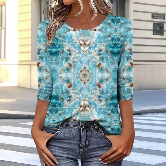 Jsaierl 3/4 Sleeve Womens Tops Summer Crew Neck Shirts Retro Graphic Petite Blouses Workout Vacation Tunic Top S-5XL