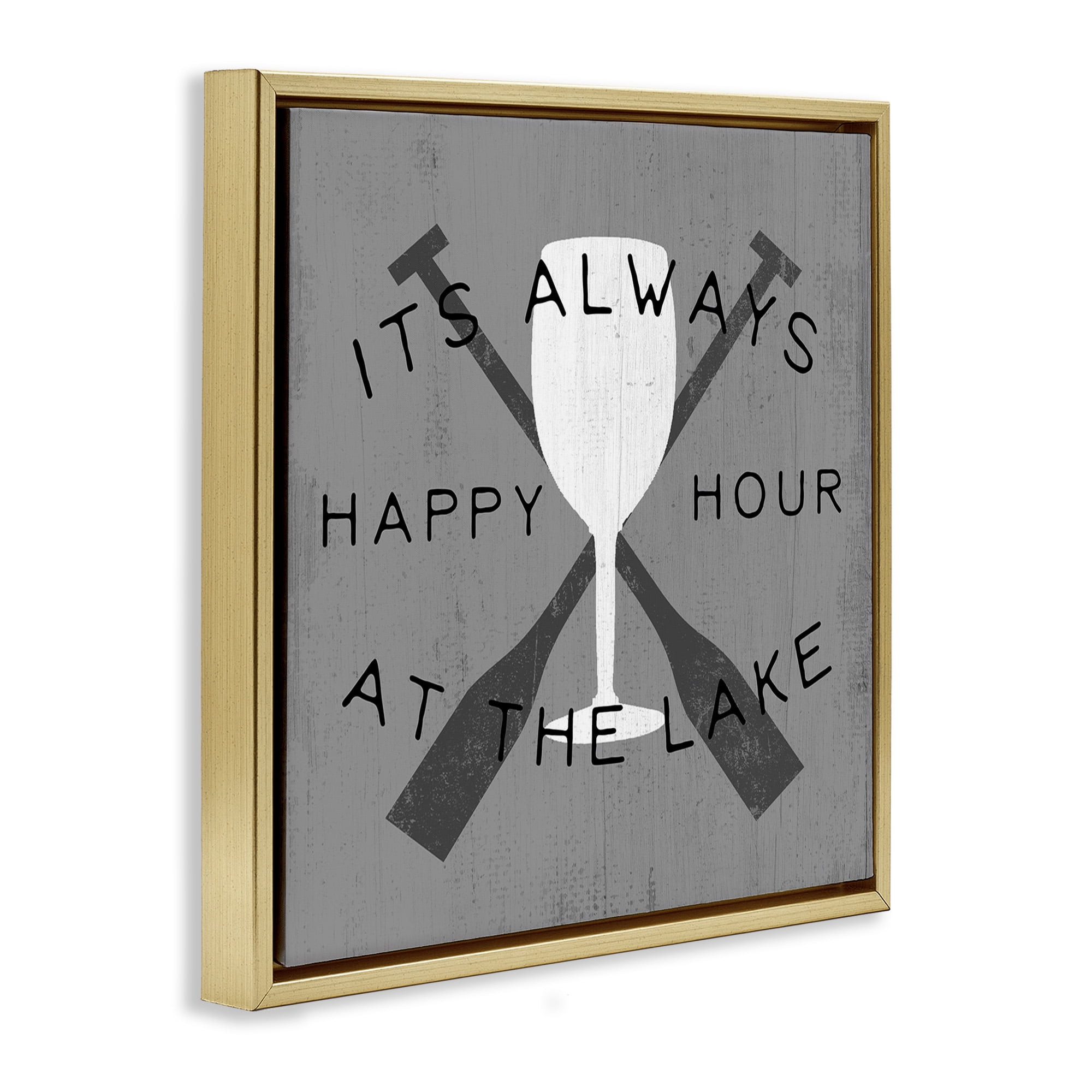 Stupell Industries Always Happy Hour At Lake Typography Painting Gold Floater Framed Canvas Art Print Wall Art, 18 x 18