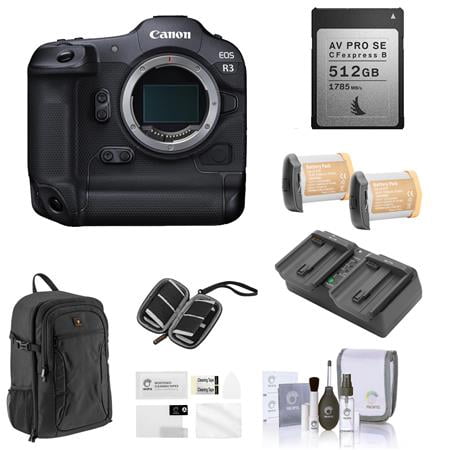 EOS R3 Mirrorless Camera Body Bundle with 512GB Cfexpress Memory Card, 2x Battery, Charger, Backpack, Screen Protector, Memory Card Wallet, Cleaning Kit