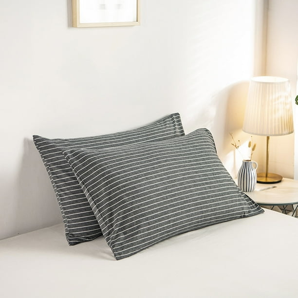 100 Natural Cotton Pillowcases 2 Pack White and Grey Stripes Pattern Printed Envelope Closure Pillow Covers
