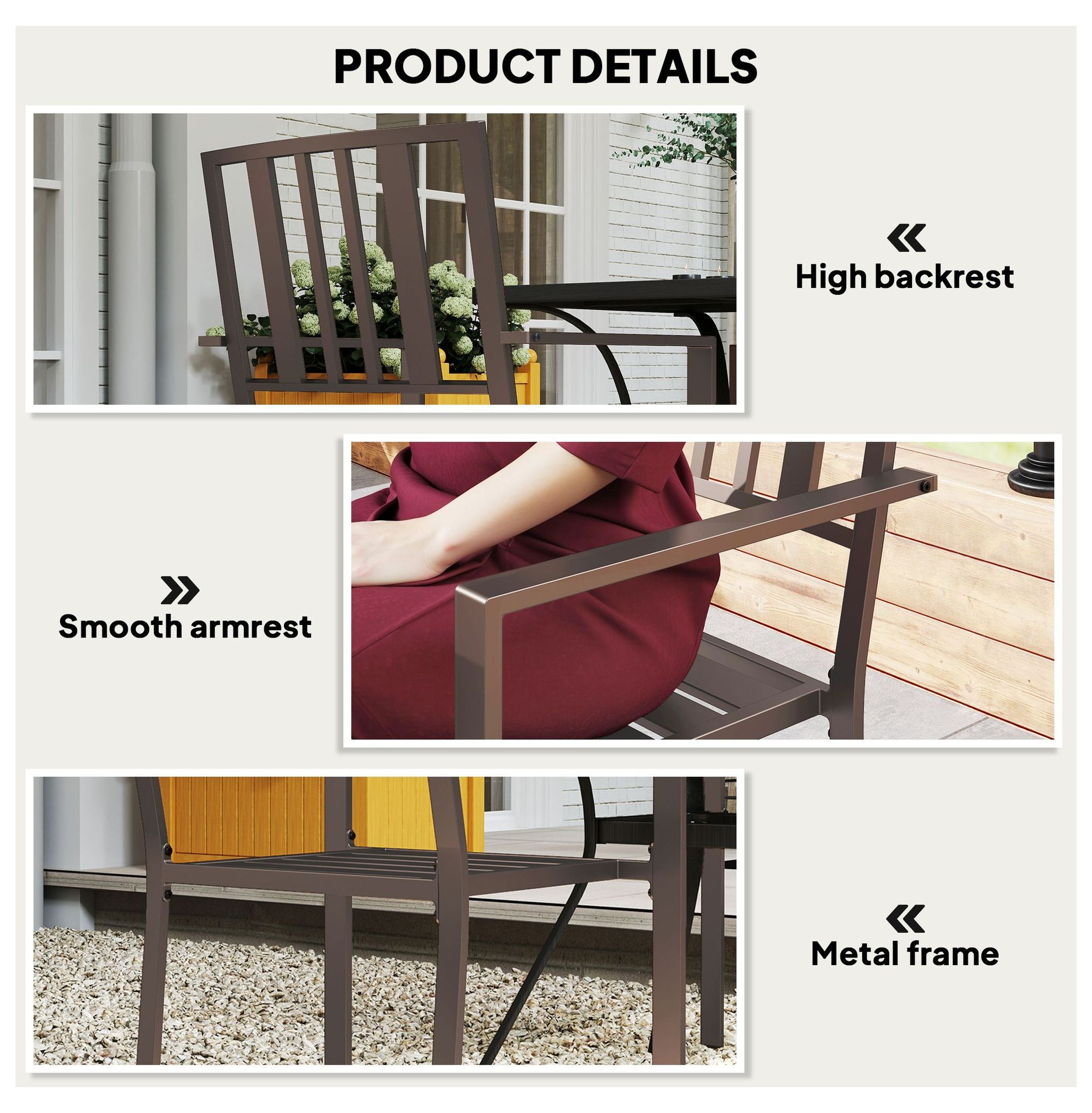 Metal Patio Dining Chairs Set of 2, Dark Brown Slatted Outdoor Chairs