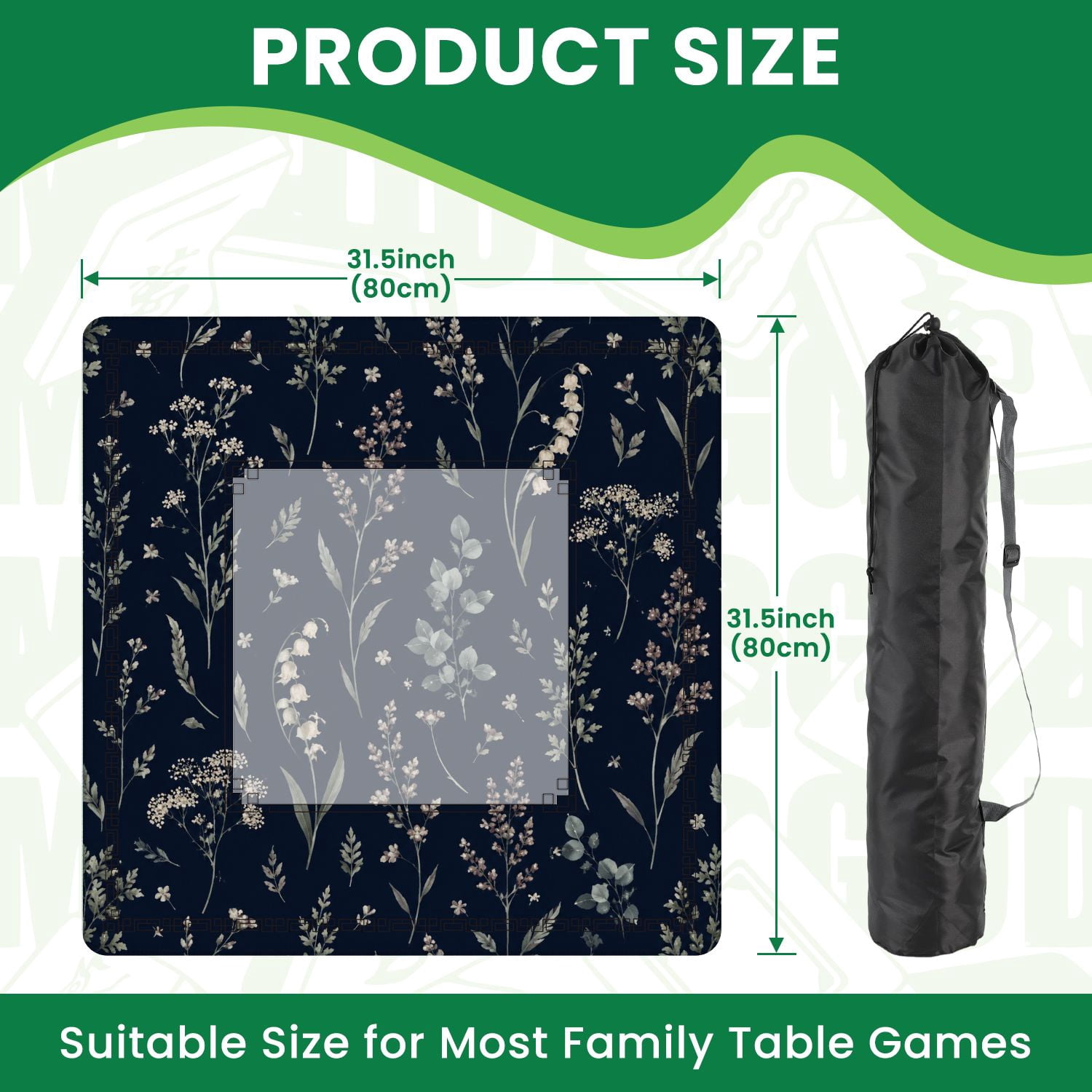 Mahjong Mat 31.5" x 31.5" Elegant Botanical Delicate Flowers Dark Non-Slip Noise Reduction American Mahjong Tiles Table Cover for Dominoes Poker Card Board Games Gift