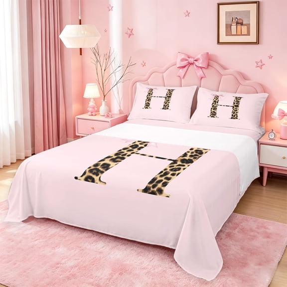 meiyoeat Pink Print Alphabet Bed Sheets,Cheetah Bow Tie Initial Design Full Size Sheets For Girl,4-Piece,1 Flat Sheet,1 Fitted Sheet and 2 Pillowcases
