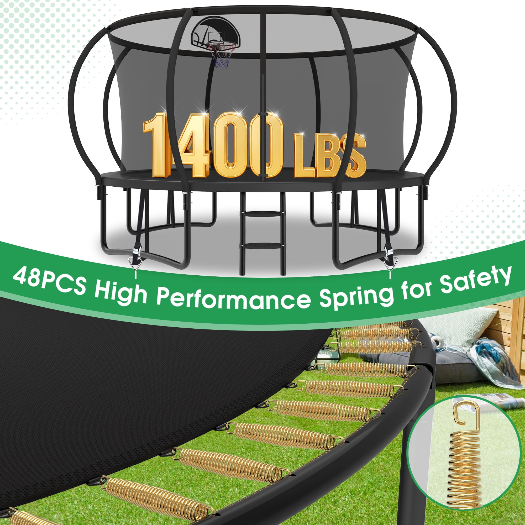 LHX Trampoline 16FT 14FT 12FT Outdoor Trampolines for Kids and Adults with Enclosure Net, Basketball Hoop, 1400LBS Loading Backyard Pumpkin Trampoline with Lights, Sprinkler, Heavy Duty