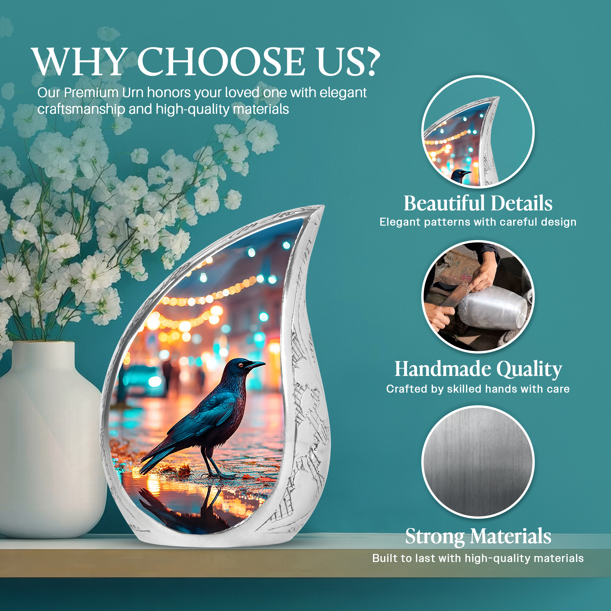 SABURIAL Crow Urn - Mini Funeral Urns for Adult Male Ash - Beautiful Cremation Urns for Dad Ashes - Lovely Funeral Urn for Men Ash - Combo - 10 Inch Large & 3 Inch