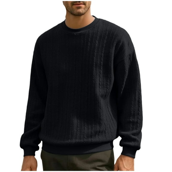 ZCFZJW Men's Crewneck Knit Sweaters Slim Fit Lightweight Casual Basic Solid Color Long Sleeve Twist Patterned Cable Knitted Pullover Sweater Tops Black XL