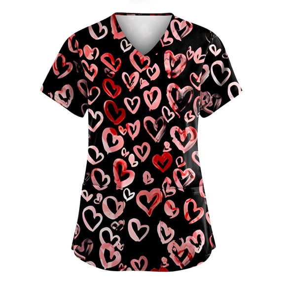 Valentines Scrubs Top for Women Loose V Neck Cute Love Hearts Graphic Scrub Shirts Casual Short Sleeve Scrubs Nursing Workwear Medical Nurse Uniform with Pockets Light Green S