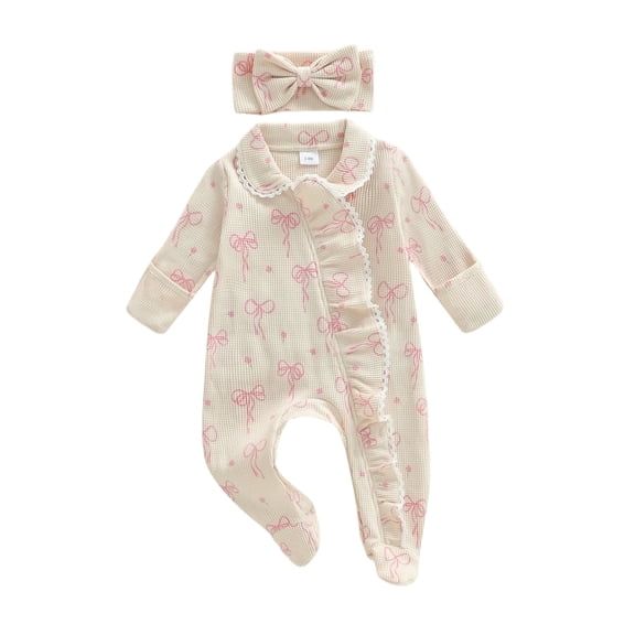BemeyourBBs Preemie Baby Girl Spring Summer Fall Winter Clothes Baby Girl Newborn Hospital Going Home Outfit Ruffled Footed Romper Collar Long Sleeve Bow Zipper Footie Jumpsuit with Headband