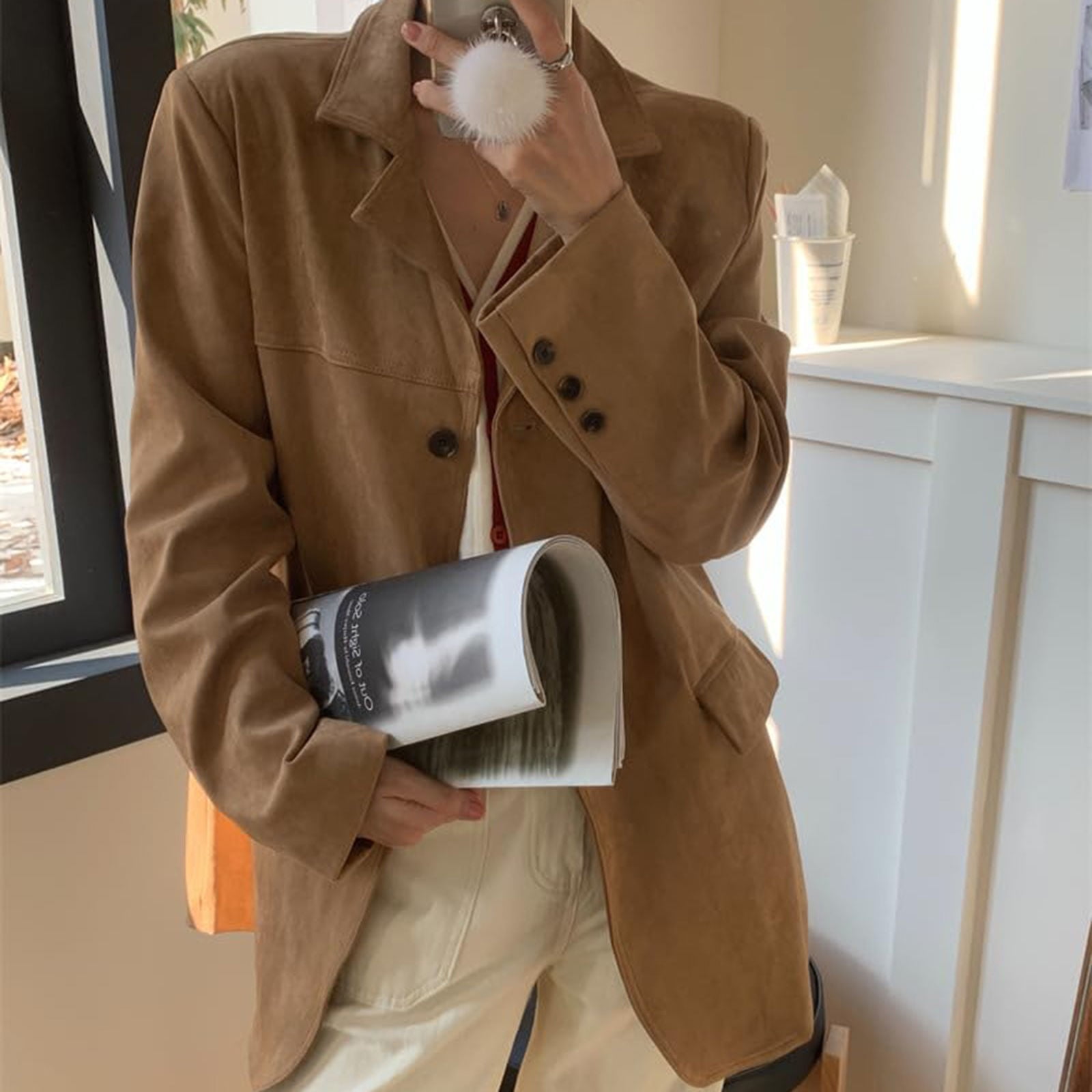 Veste Femme Imitation Daim Marron Style Rétro Oversize - Blazer Cuir Look Vintage, Coupe Bomber Y2K Pour Automne/hiver