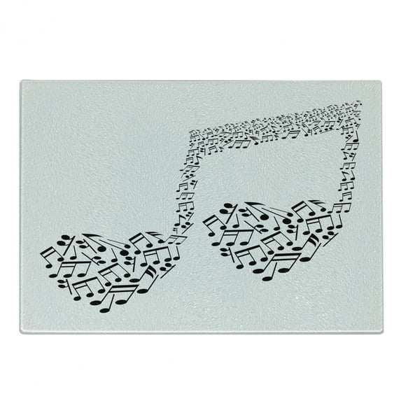 Music Cutting Board, Big Abstract Musical Note Smaller Ones Heart Shape Details Love of Art, Decorative Tempered Glass Cutting and Serving Board, Small Size, Black and White, by Ambesonne
