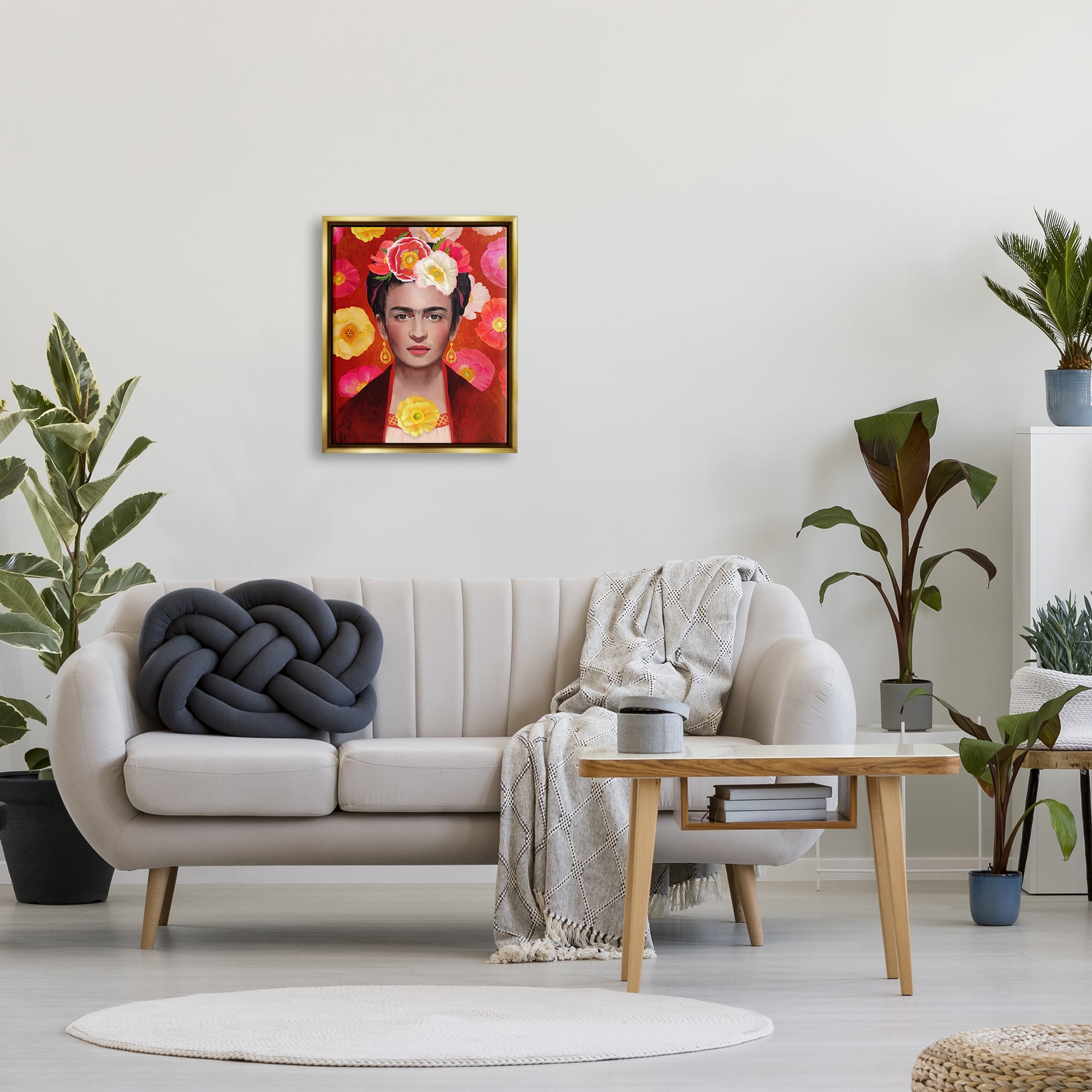 Stupell Industries Bold Frida Kahlo Portrait Floral Poppies Pattern Painting Metallic Gold Floating Framed Canvas Print Wall Art, Design by Diane Neukirch
