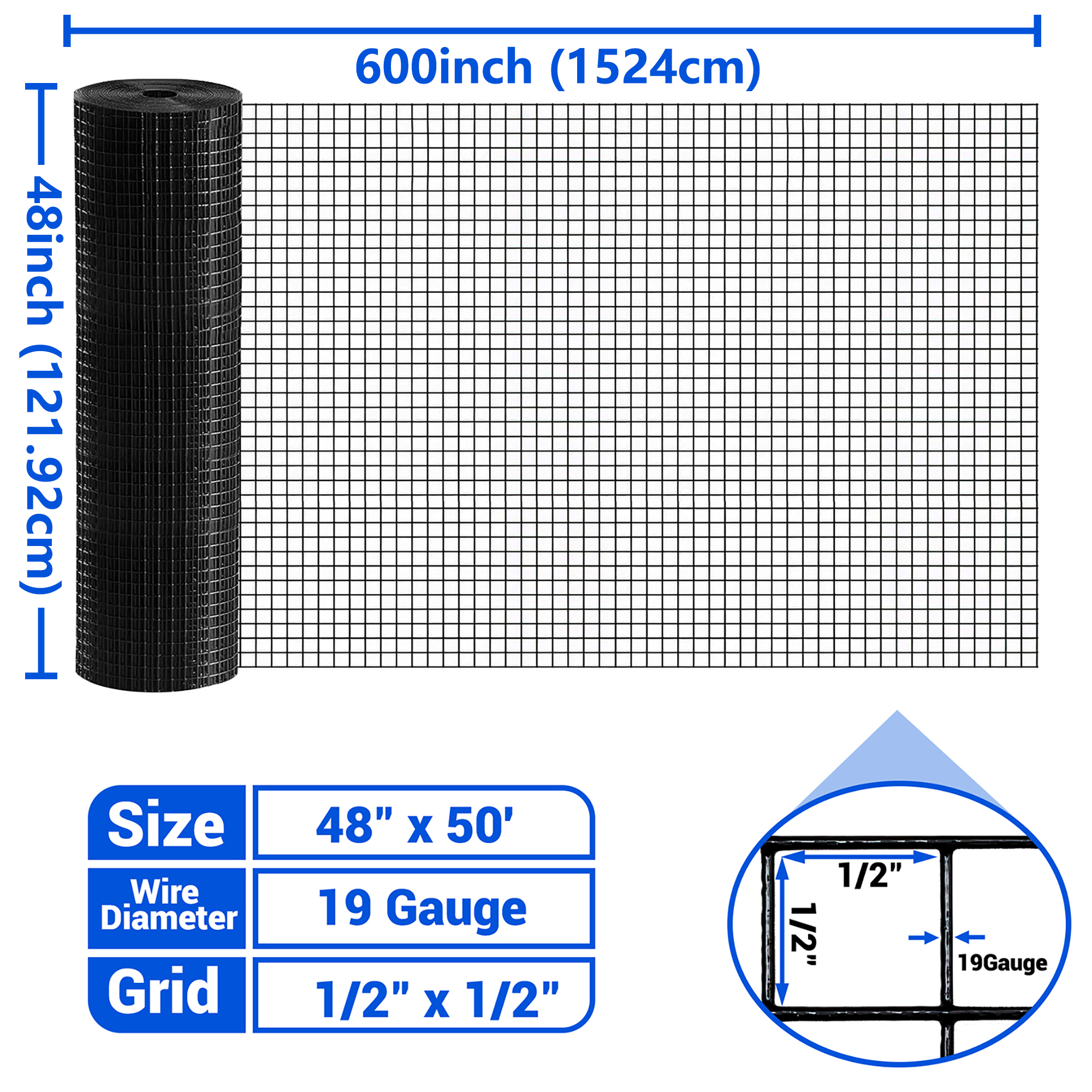 19GA Hardware Cloth Welded Black PVC Coated Wire Mesh Galvanized Square Chicken Wire Fence 1/2in 48in(H) x 50ft(L)