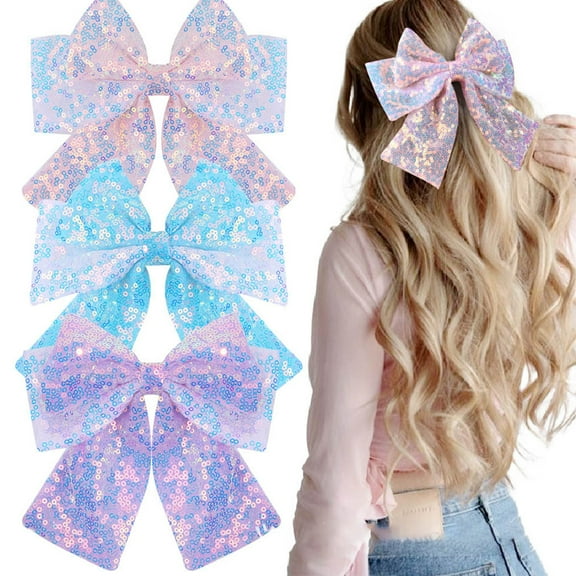 3PCS Glitter Hair Bows with Tails Sparkly Layered Sequin Bow Hair Clip Barrette Teens Toddler Cheerleader Girls Women outfit Back School Uniform Decor Accessories Gift