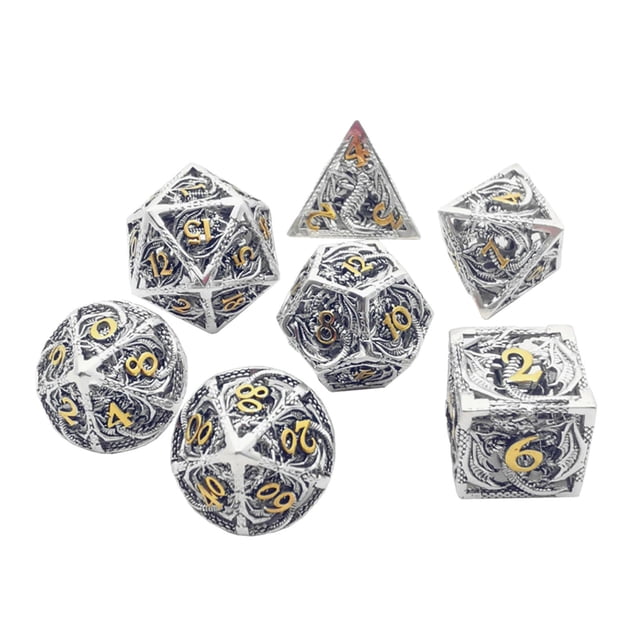 7 Unids Dragon Dungyon Hollow-Tallado Tallado Metal Polyedral Dice Tabletop Game Bright Silver Gold Sunnimix Dados polihédricos huecos