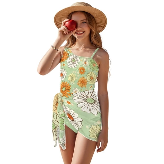 Xixirimido Retro Boho Daisy Print Girls One Piece Swimsuits Cutout Bathing Suit with Cover Up Skirt Quick Dry Beach Swimwear with Adjustable Strap, Size 15-16 Years