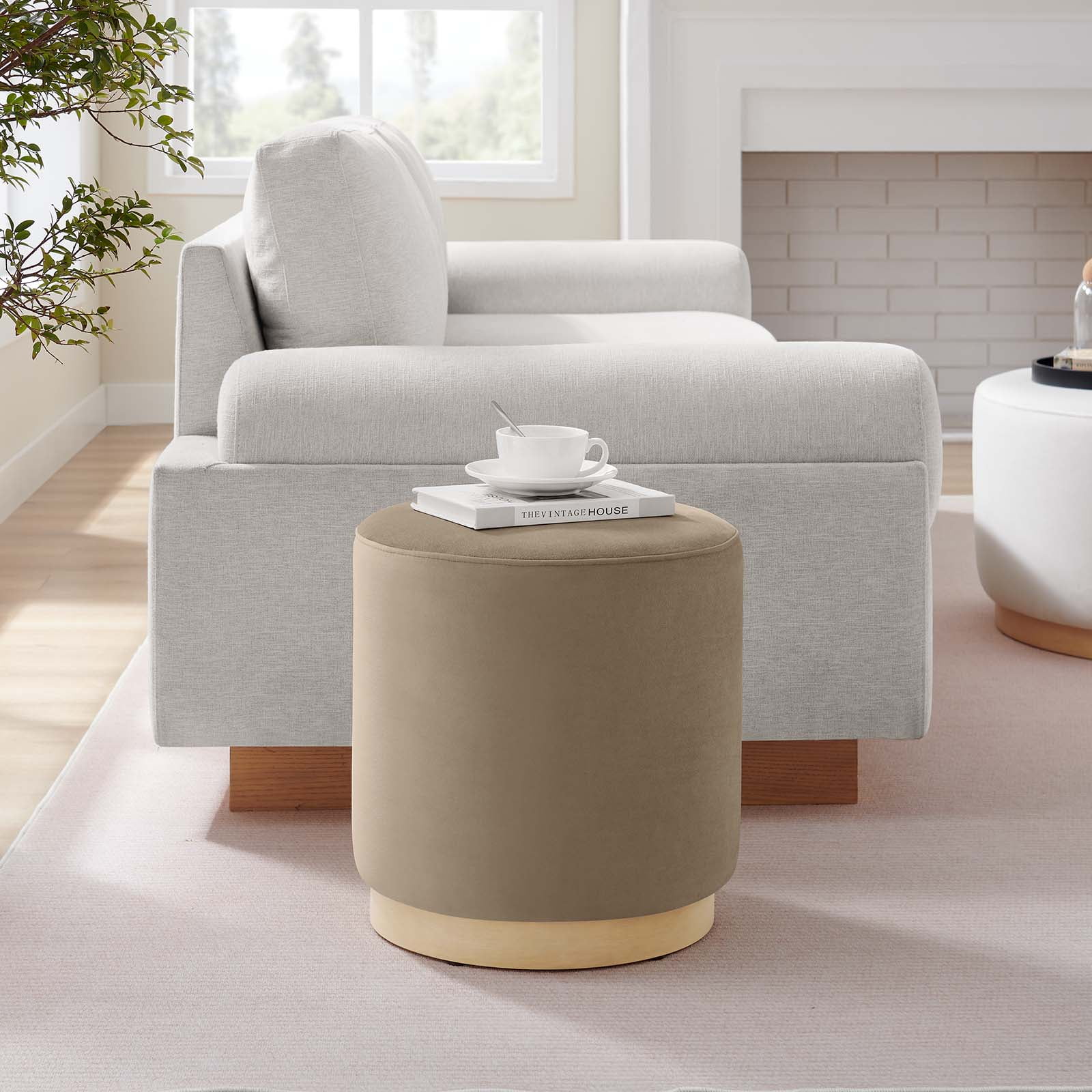 Modway Tilden 16" Round Performance Velvet Upholstered Ottoman in Taupe Natural