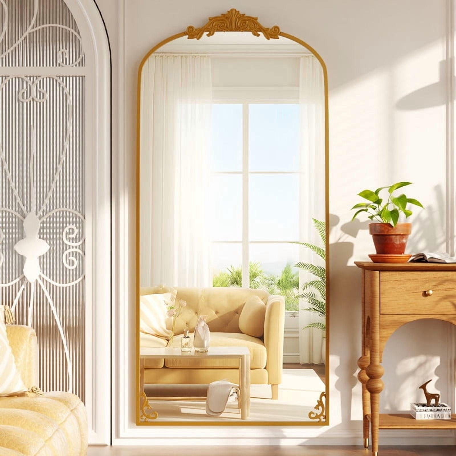 Anyrose 32"x73" Vintage Arched Full Length Dressing Mirror Floor Standing Mirror Wall Mounted, Gold