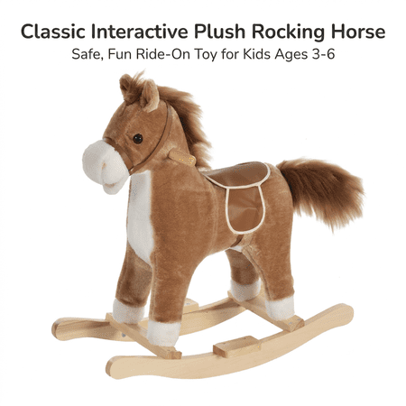 Plush Rocking Horse for Kids, Brown Ride-On Rocking Animal with Sound, Moving Mouth & Wagging Tail, Wooden Rocker Toy