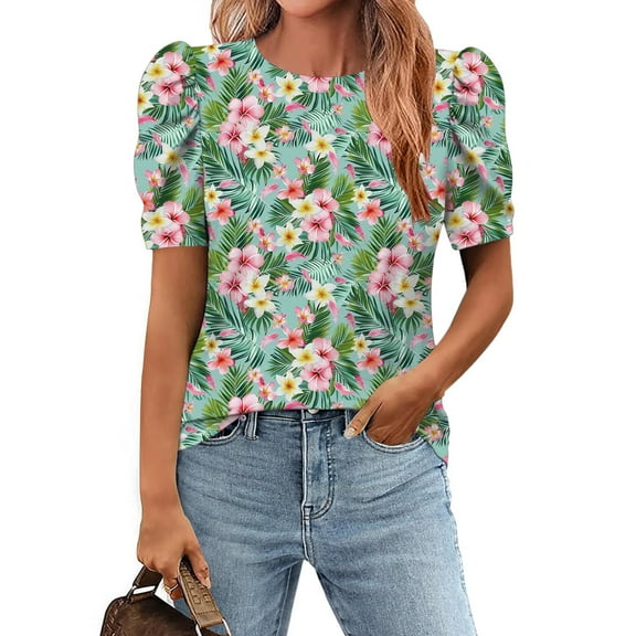 GaThRRgYP Women's Summer Short Sleeve Tops for Everyday Fashion,Women's Crew-neck Pleated Short-sleeved Pullover Casual Print Loose Top Green S
