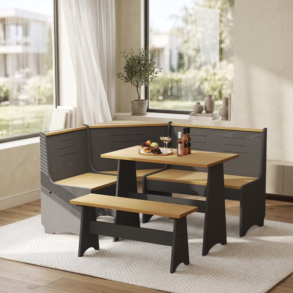 Koby Home Breakfast Nook Table Set, Storage Farmhouse Natural Solid Corner Kitchen Dining Table with L-Shape Bench Chairs, Black Wood