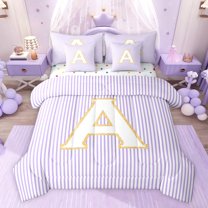 Feelyou Cartoon Initial Letter Bedding Comforter Set 7pcs, Kawaii Monogrammed A King Bedding Sets, Dreamy Purple Stripes Reversible Bed Sheets, Super Cozy Room Decor