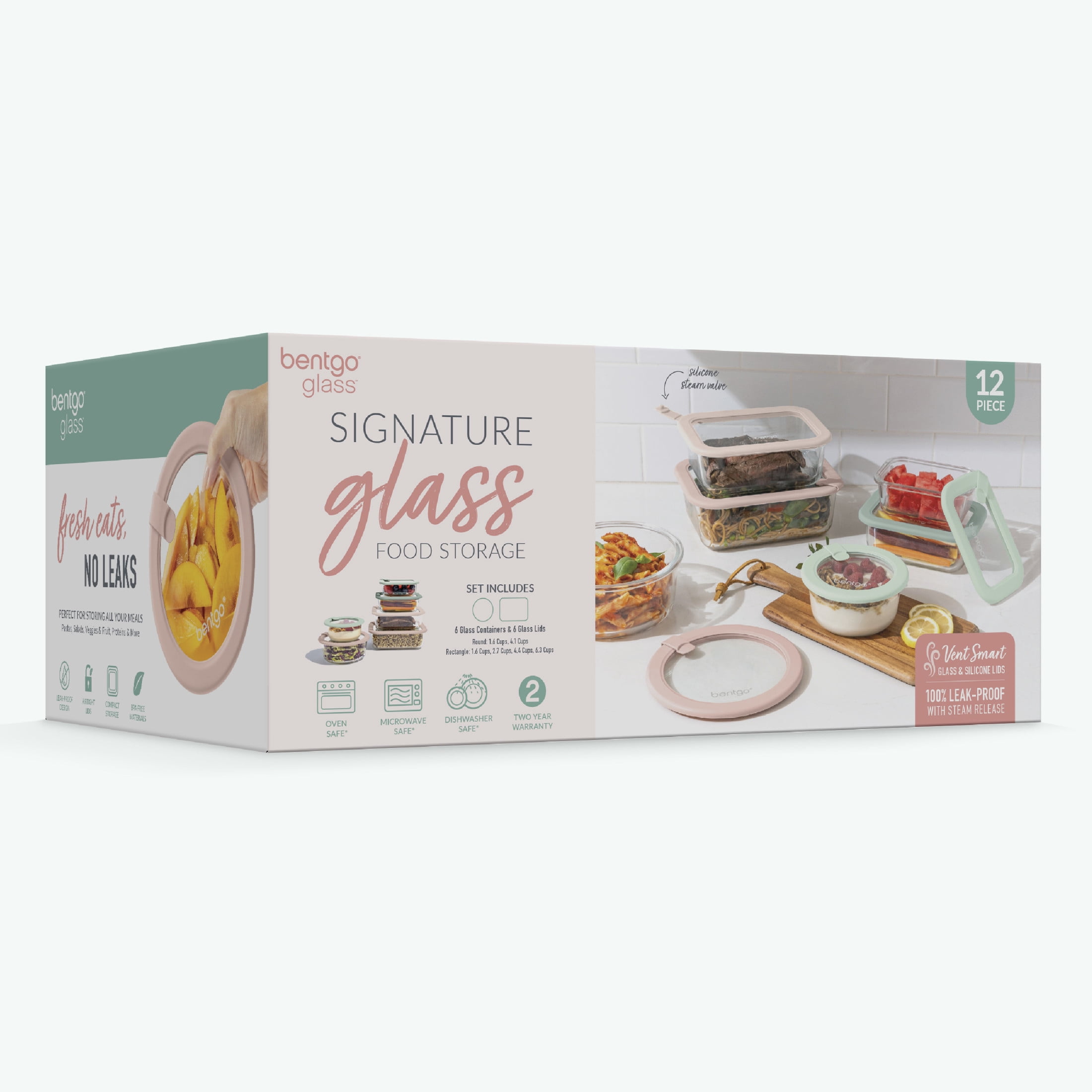 Bentgo Signature Leak-Proof Glass Food Storage - 12-Piece Set, 1-Compartment Meal Prep Plastic-Free Containers, Airtight Glass Lids, BPA-Free, Microwave, Freezer, Oven, Dishwasher Safe (Desert Sage)