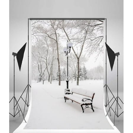 Image of HelloDecor 5x7ft Christmas Backdrop Photography Background Xmas Snow Covered Landscape Wood Chair Road Lamp Forest Tree Nature Winter Scene Happy New