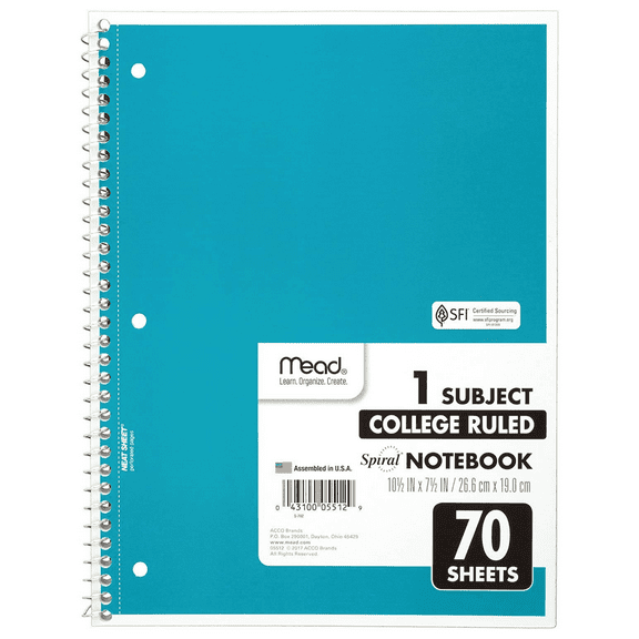Mead 1-Subject Spiral Notebook [College Ruled]: 7-1/2 in. x 10-1/2 in. (Blue) 70 sheets
