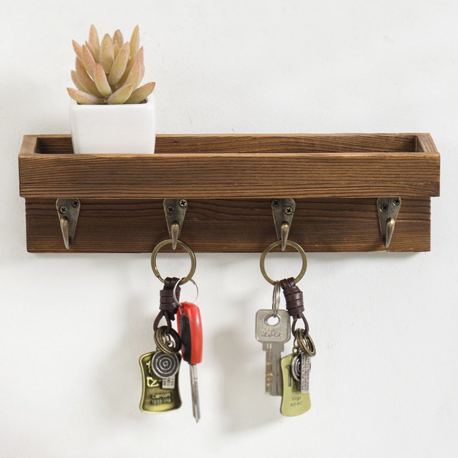 MyGift 1 Piece Vintage Brown Wood Floating Shelf with 4 Antique Metal