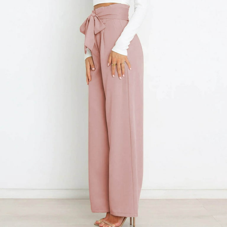 RYRJJ Straight Wide Leg Long Trousers with Tie Belt for Women Pleated Front  High Waisted Business Work Pants Elegant Dress Trousers(Pink,XXL)