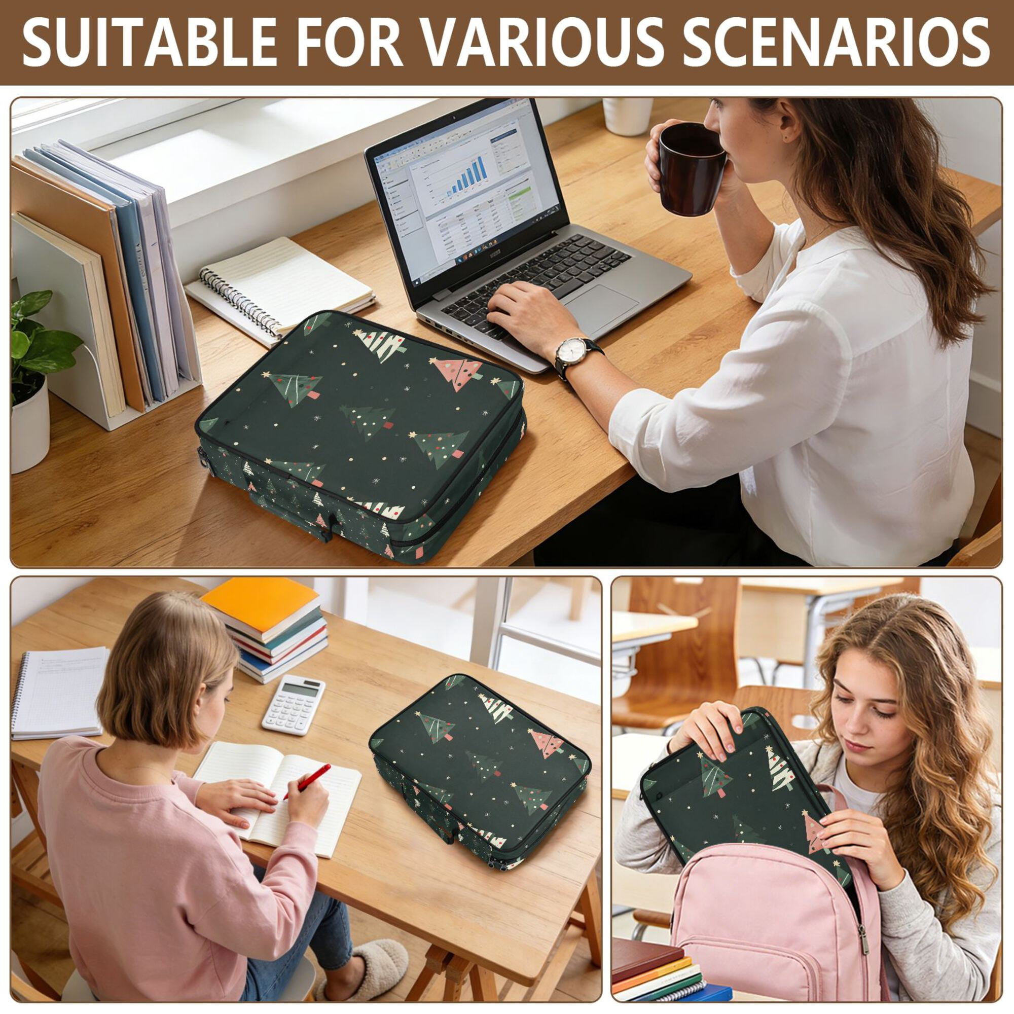 FORMRS Accordion File Folder A4 Size 7-Pocket Expanding Document Organizer Bag with 3 Ring Binder, Green Christmas Trees