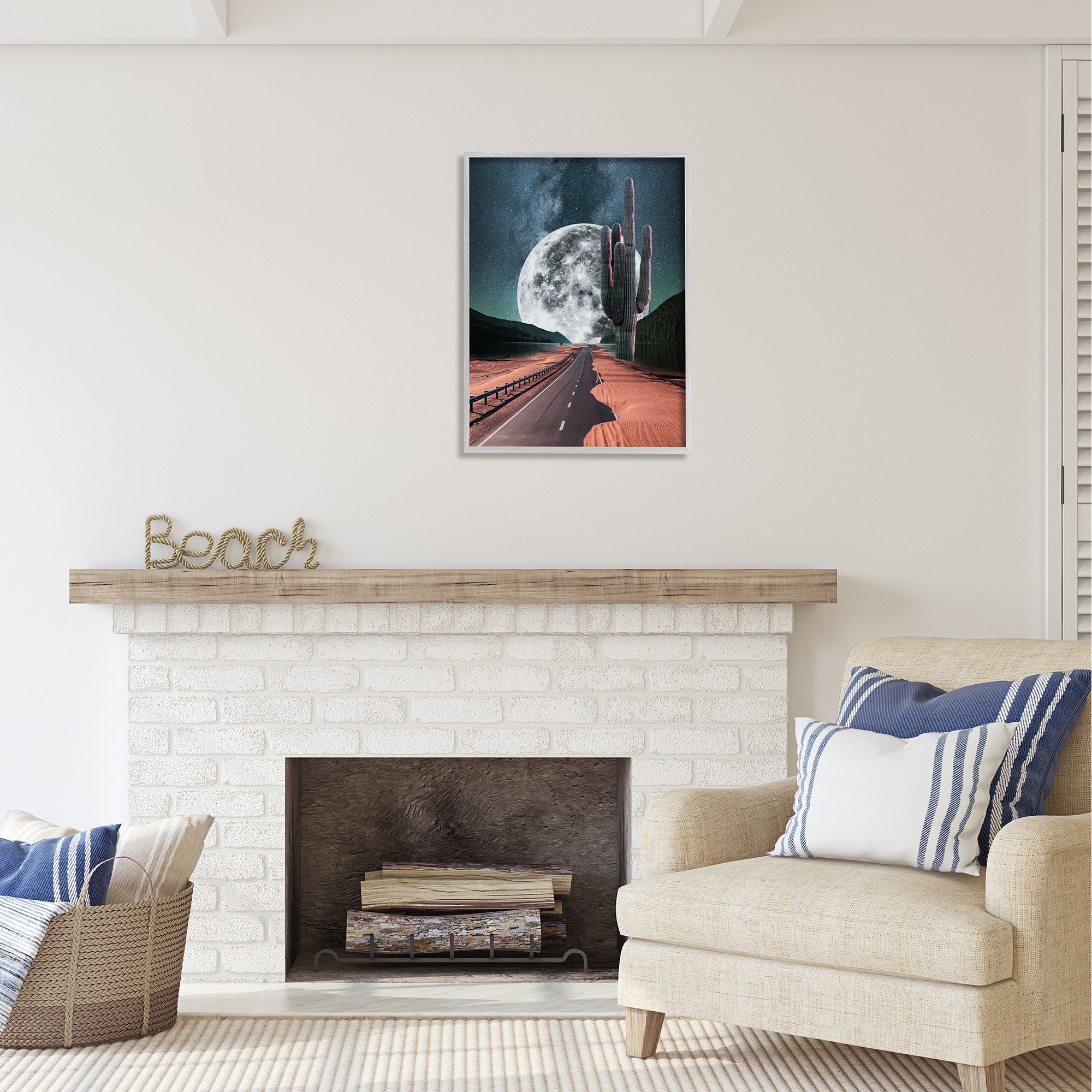 Stupell Industries Surreal Moon & Desert Highway Landscape Painting Gray Framed Art Print Wall Art, 24 x 30