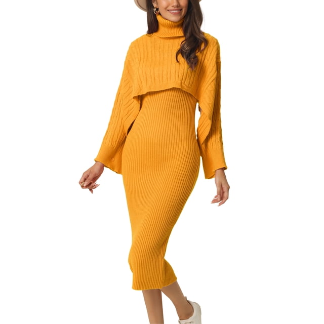 INSPIRE CHIC Women's Two Piece Outfits Knitted Long Sleeve Turtleneck Sweaters Tank Bodycon Midi Dress Set L Orange