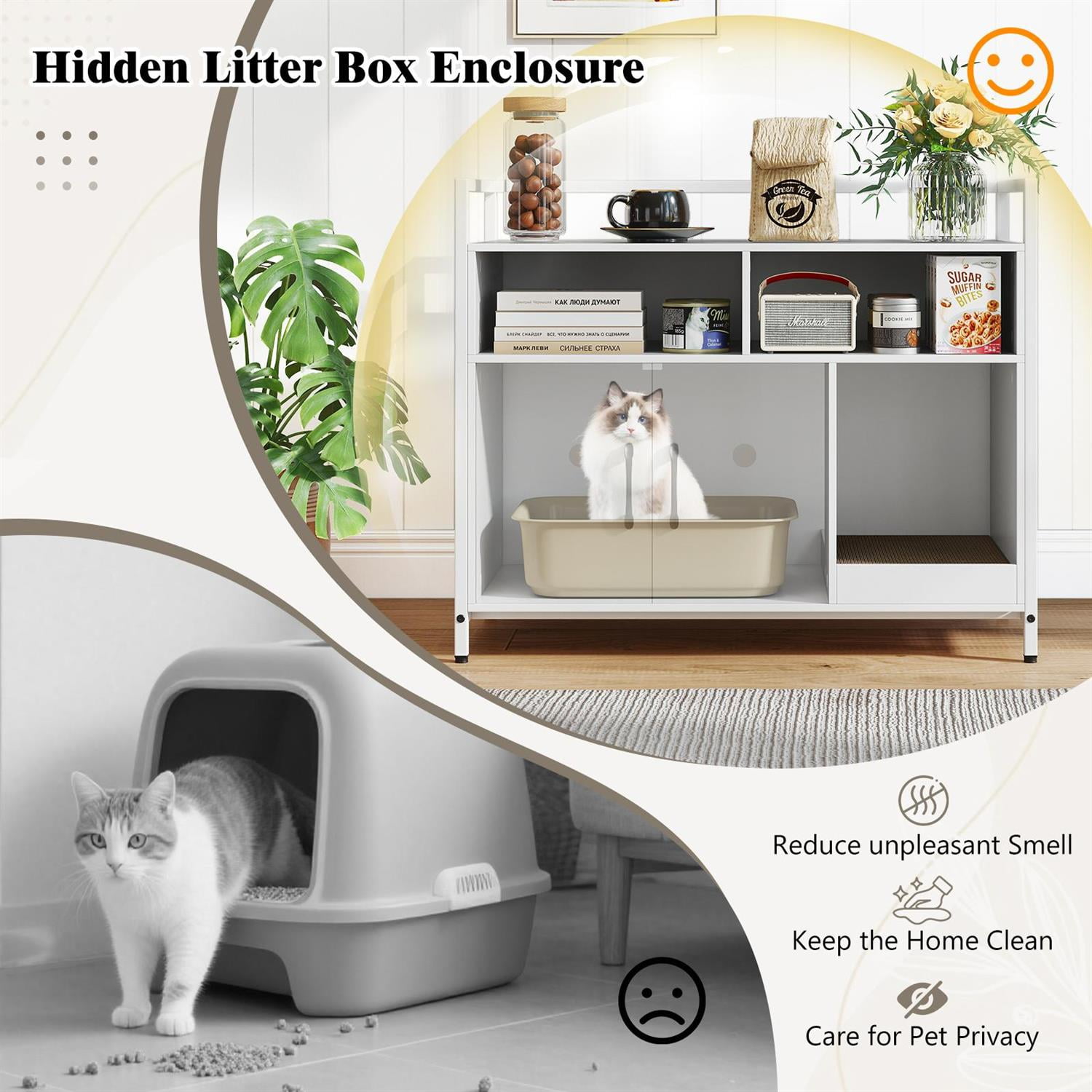 Pefilos Hidden Cat Washroom, Double Doors & Scratch Cardboard, Metal Frame & Adjustable Feet, Off White