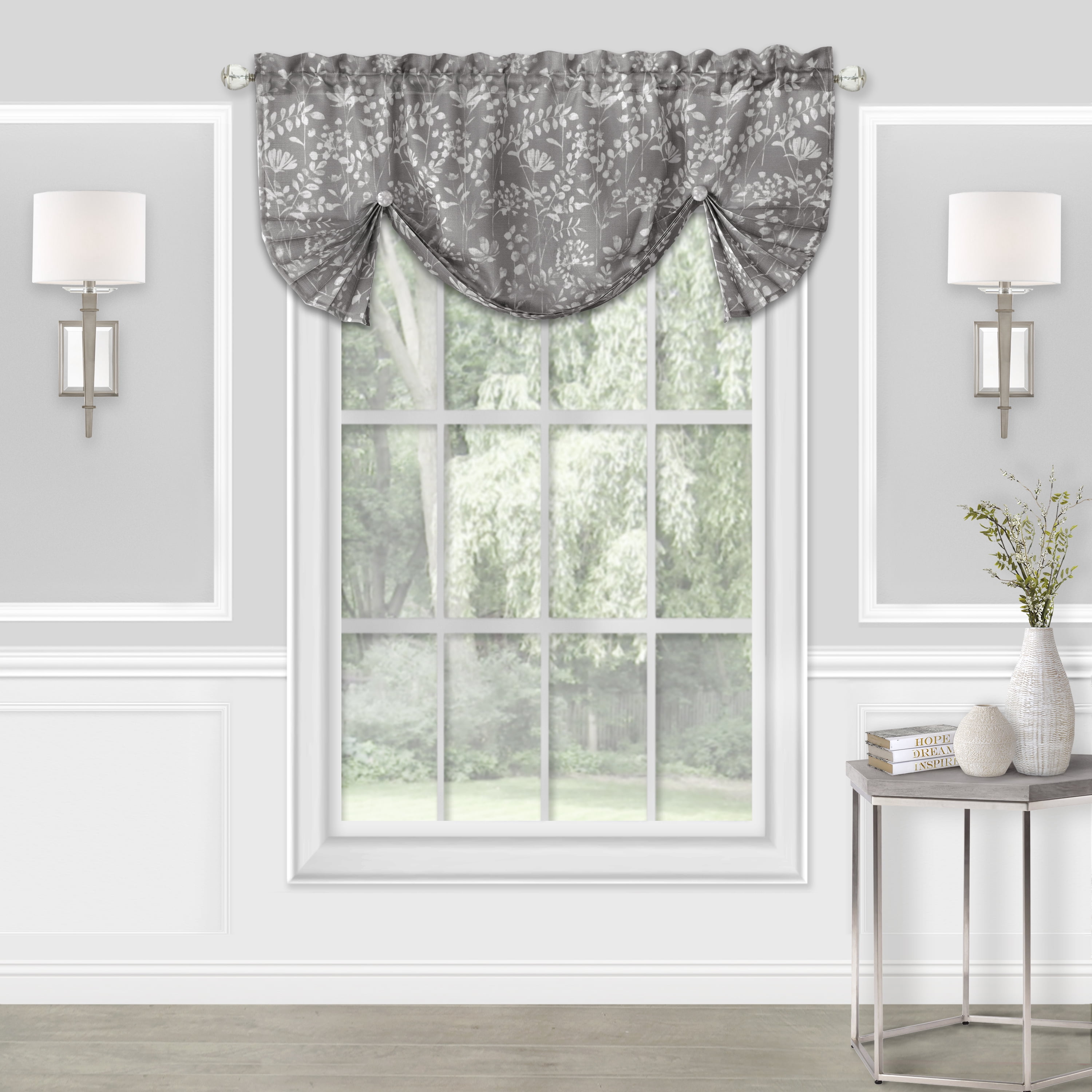 Shabby Pastel Floral Rod Pocket Buttoned Window Curtain Valance - Gray